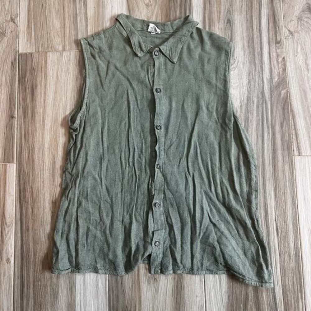 VTG CP SHADES Shirt Rayon Flax Linen M Sage Button Front Natural Earthy Coastal